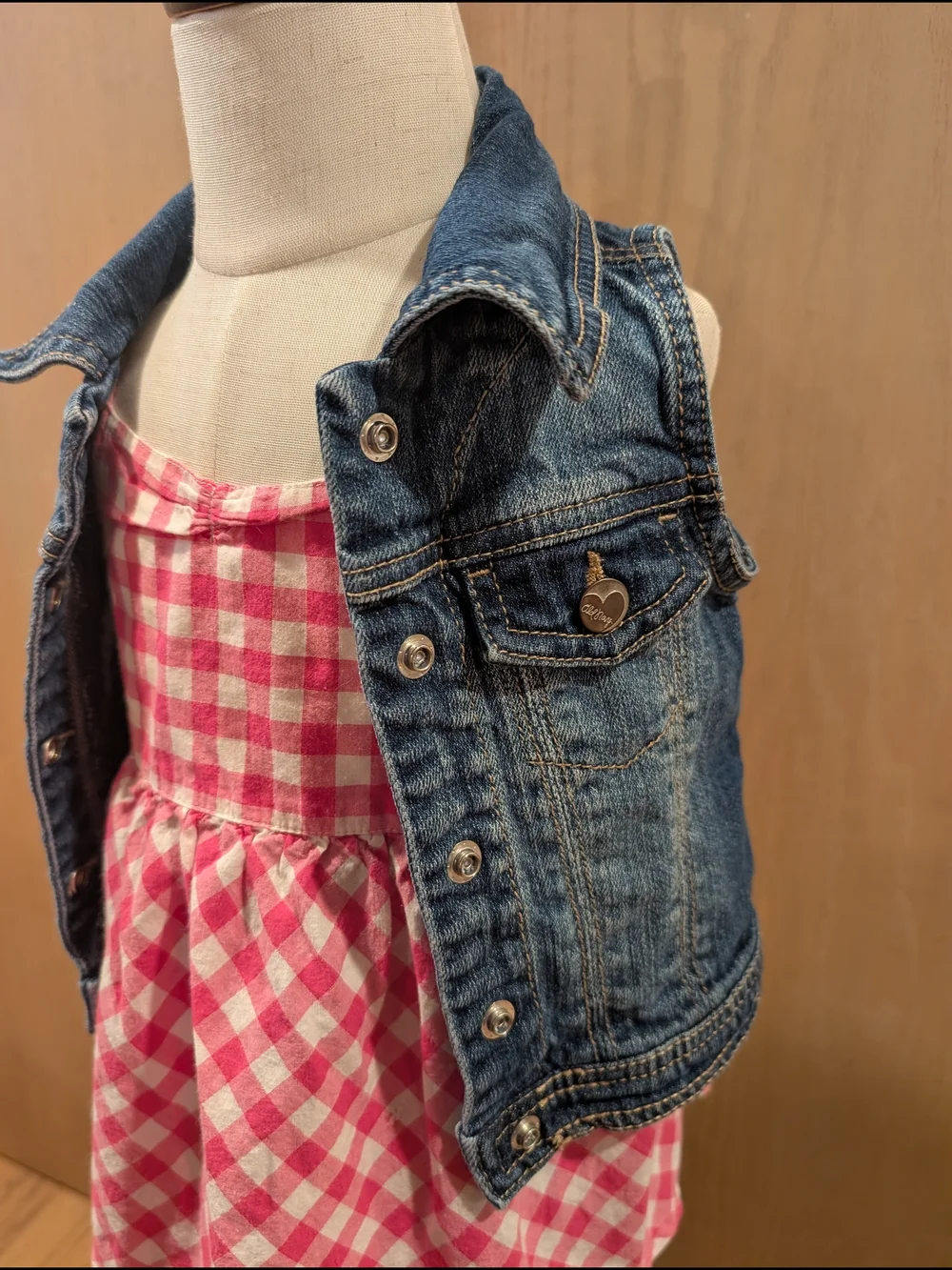Old Navy 3T Girls Pink Gingham Tank Top with Denim Vest And Jeggings Outfit